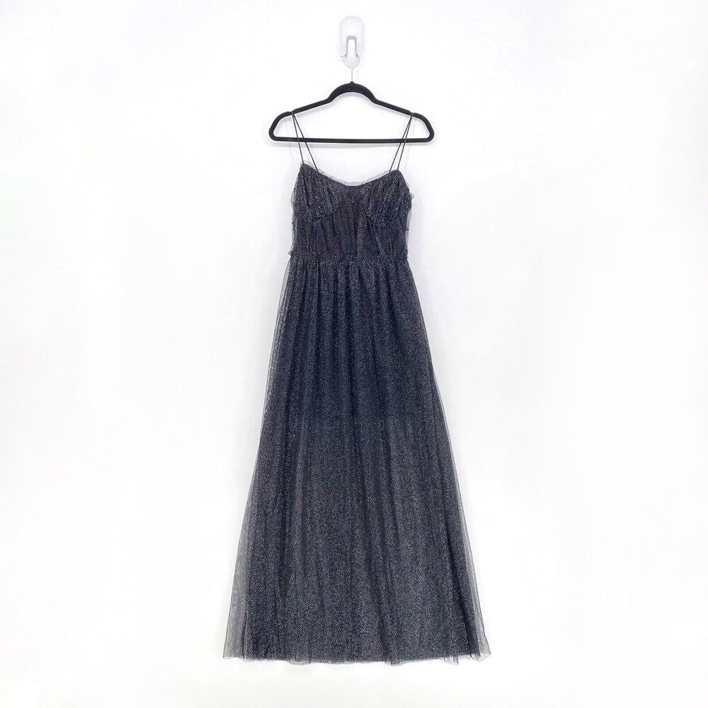 Bershka Special Edition Women XS Tulle Maxi Dress Black Glitter Ruffle NEW